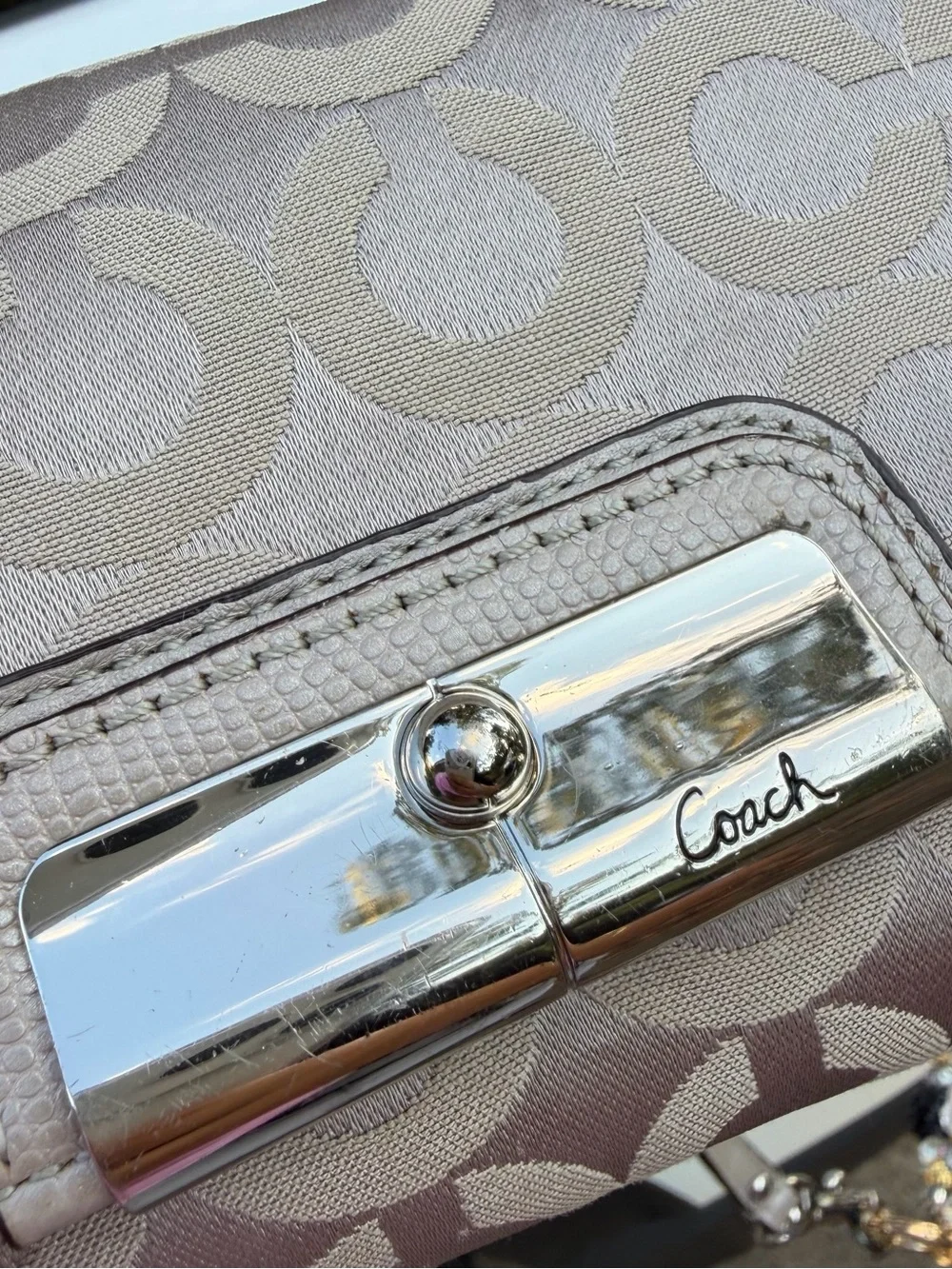 Coach Taupe Signature Jacquard Shoulder Bag with Beaded Strap Accent
